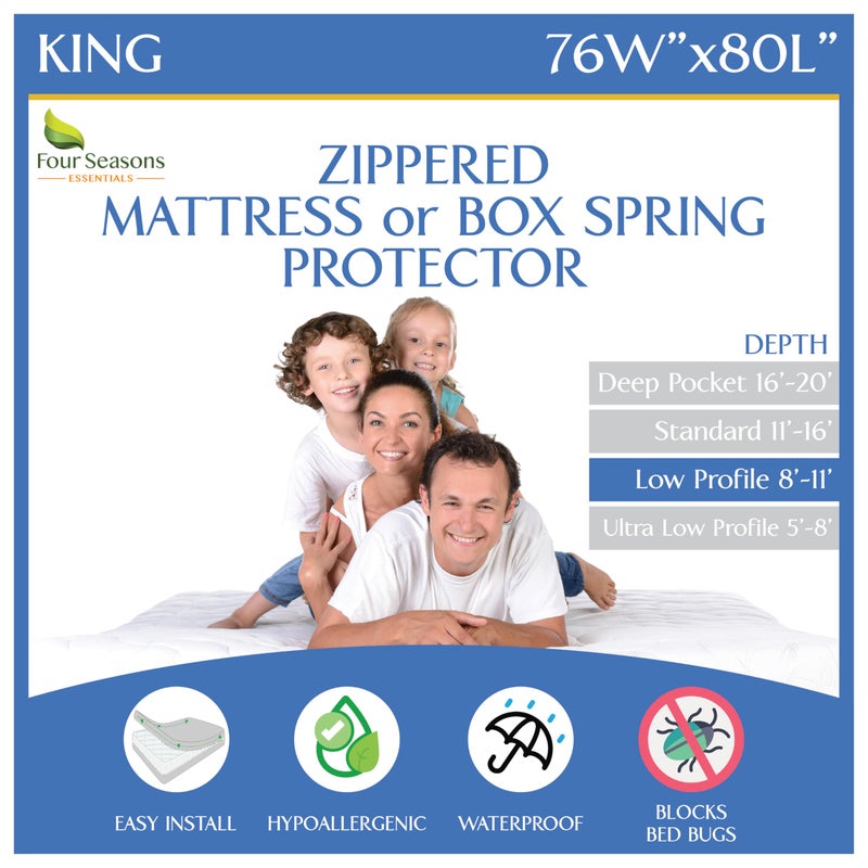 Four Seasons Essentials King Zippered Mattress Protector (8"-11" Depth) Waterproof Encasement Premium Quality Hypoallergenic Bed Cover Protects from Dust White - Image 1